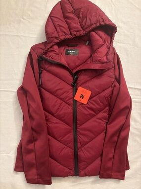 DKNY Red Hooded Quilted Jacket